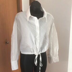 White Button-Up Drawstring Blouse Zara NEW